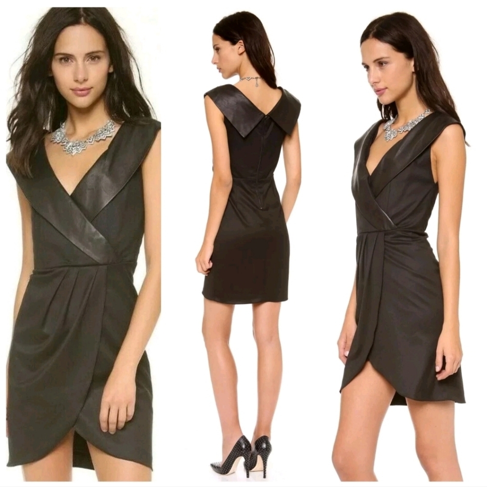 Alice + olivia Shayna Leather Trim Shawl Collar Faux Wrap Black Dress Size 0$495